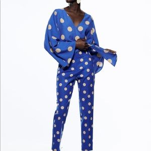 Zara blue linen and sand polka dot set